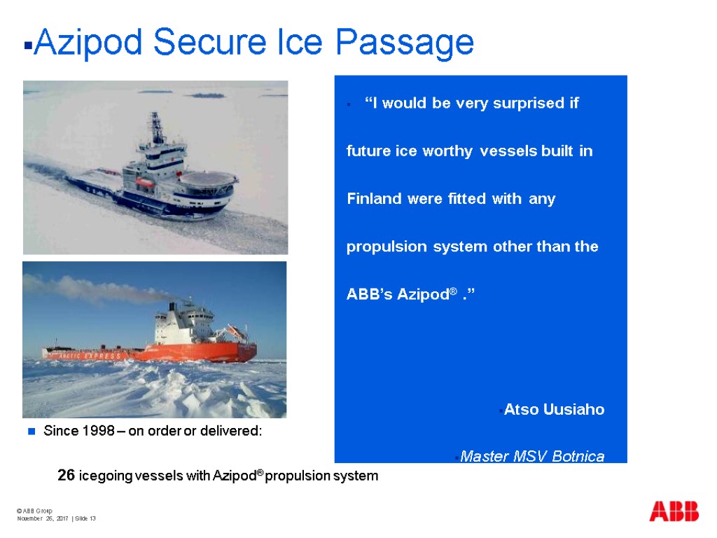© ABB Group November 26, 2017 | Slide 13 Azipod Secure Ice Passage Since